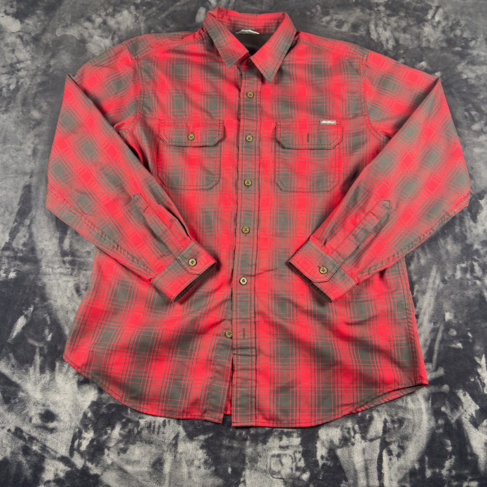 Eddie Bauer Button Down Shirt Mens L Red Plaid Long Sleeve Flannel‎ Style